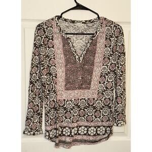 Lucky Brand Women’s Blouse‎ Top Shirt Long Sleeve V-neck Abstract Print Size XS